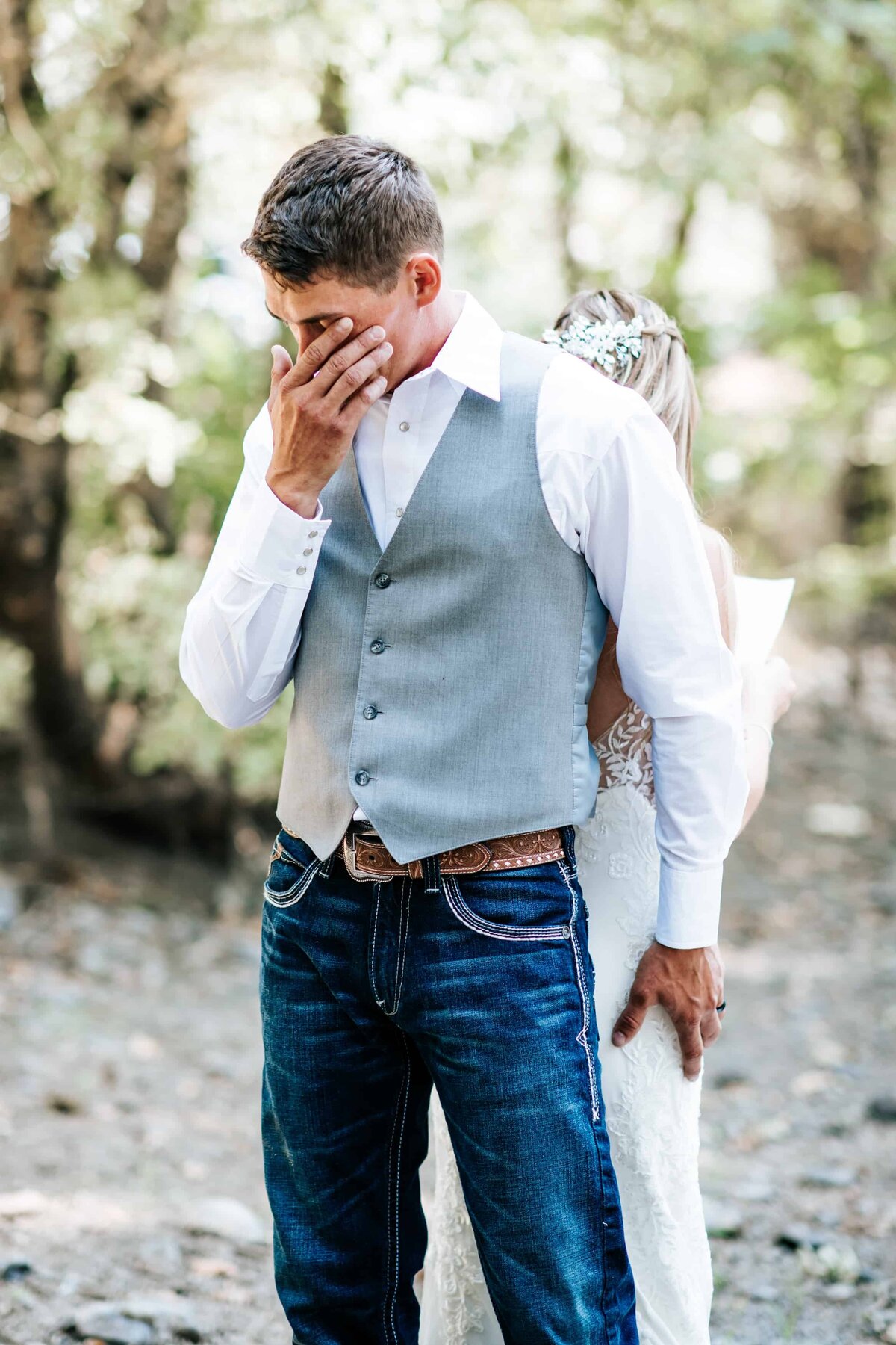 groom cries before seeing bride during first look