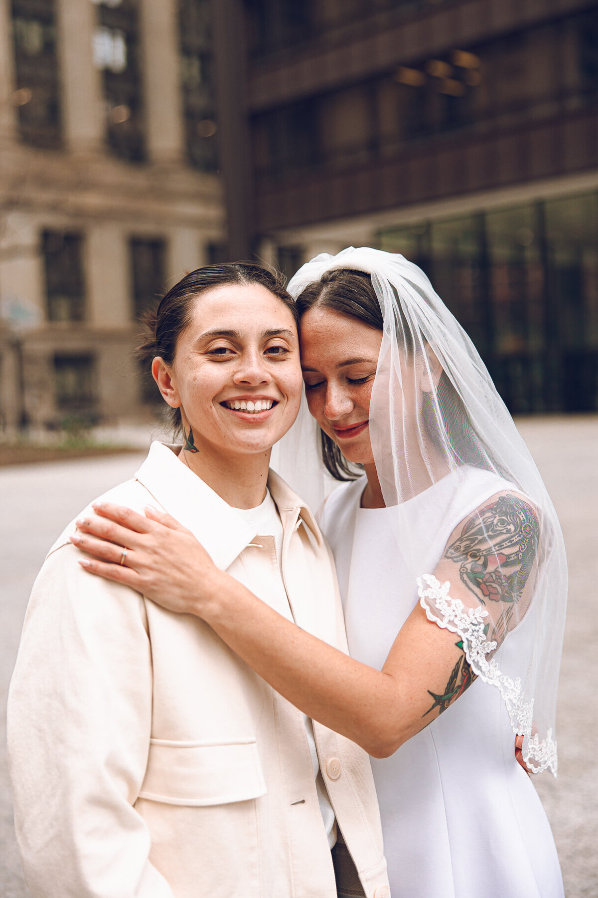 A queer couple celebrates their wedding day at City Hall in Chicago