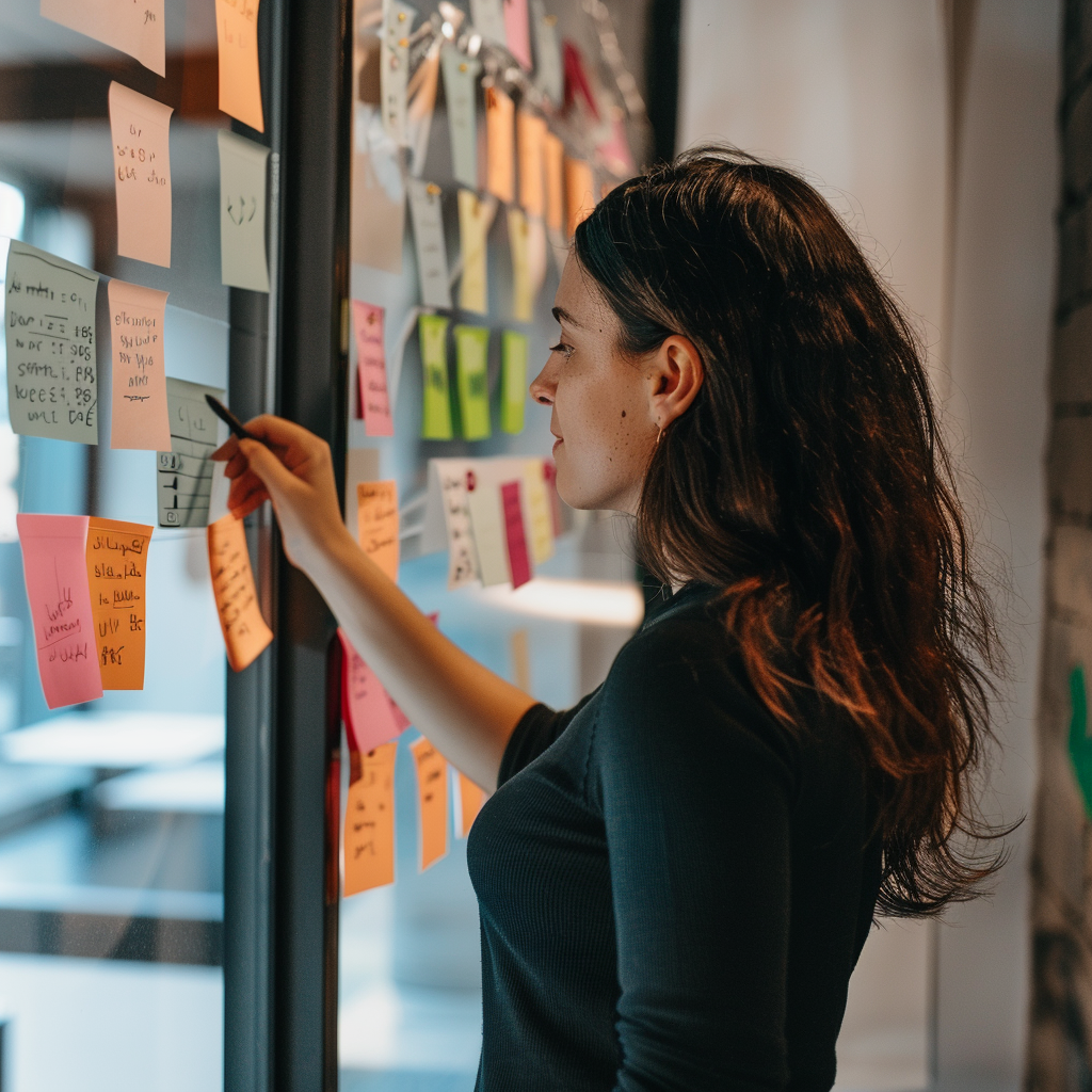 ygioots_a_woman_writing_on_sticky_notes_on_the_wall_--stylize_354046df-c8c9-4b95-98b4-1214c596d7cd_3