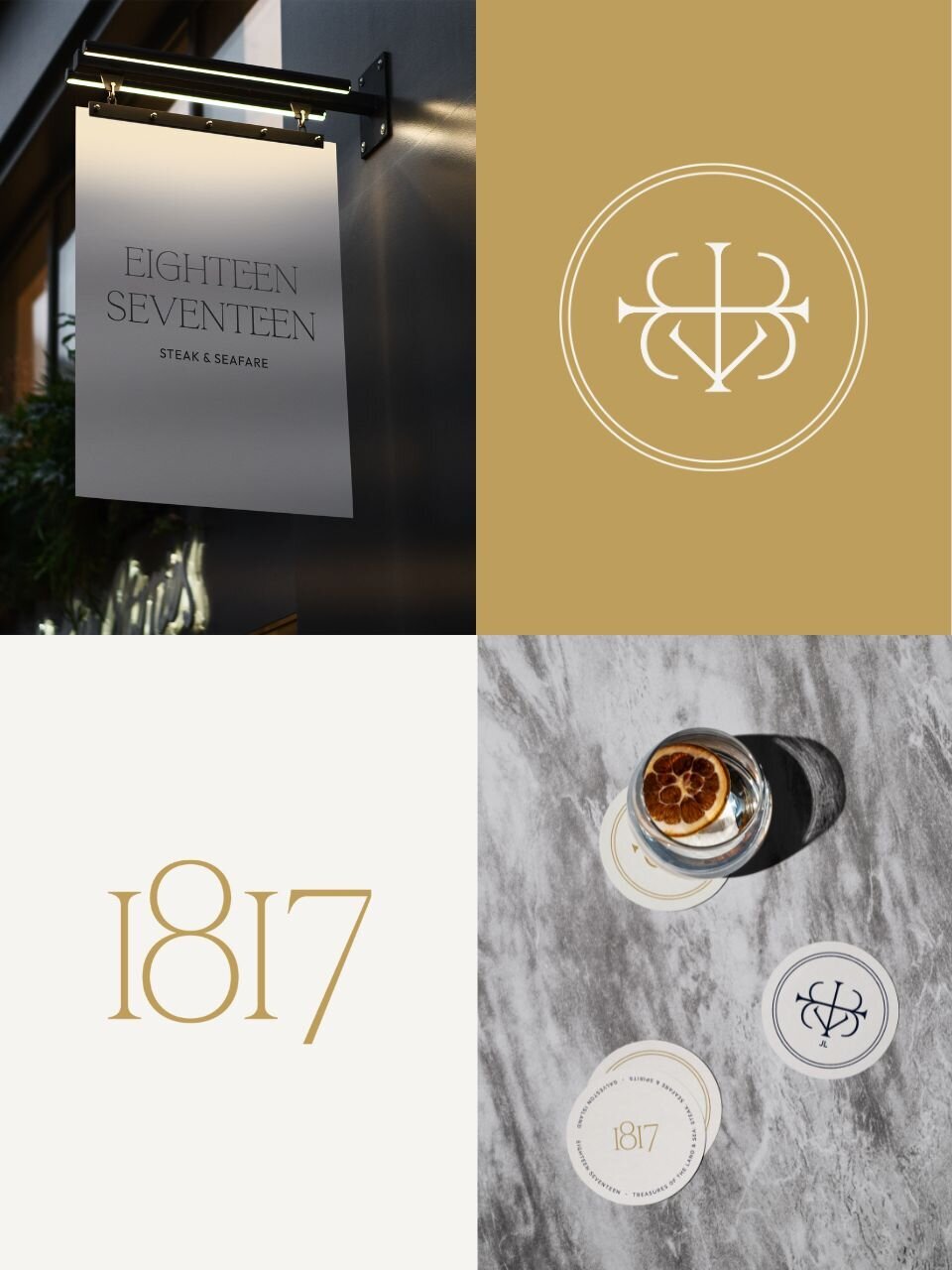 Restaurant exterior signage with custom monogram and classic serif logo for luxury hospitality branding