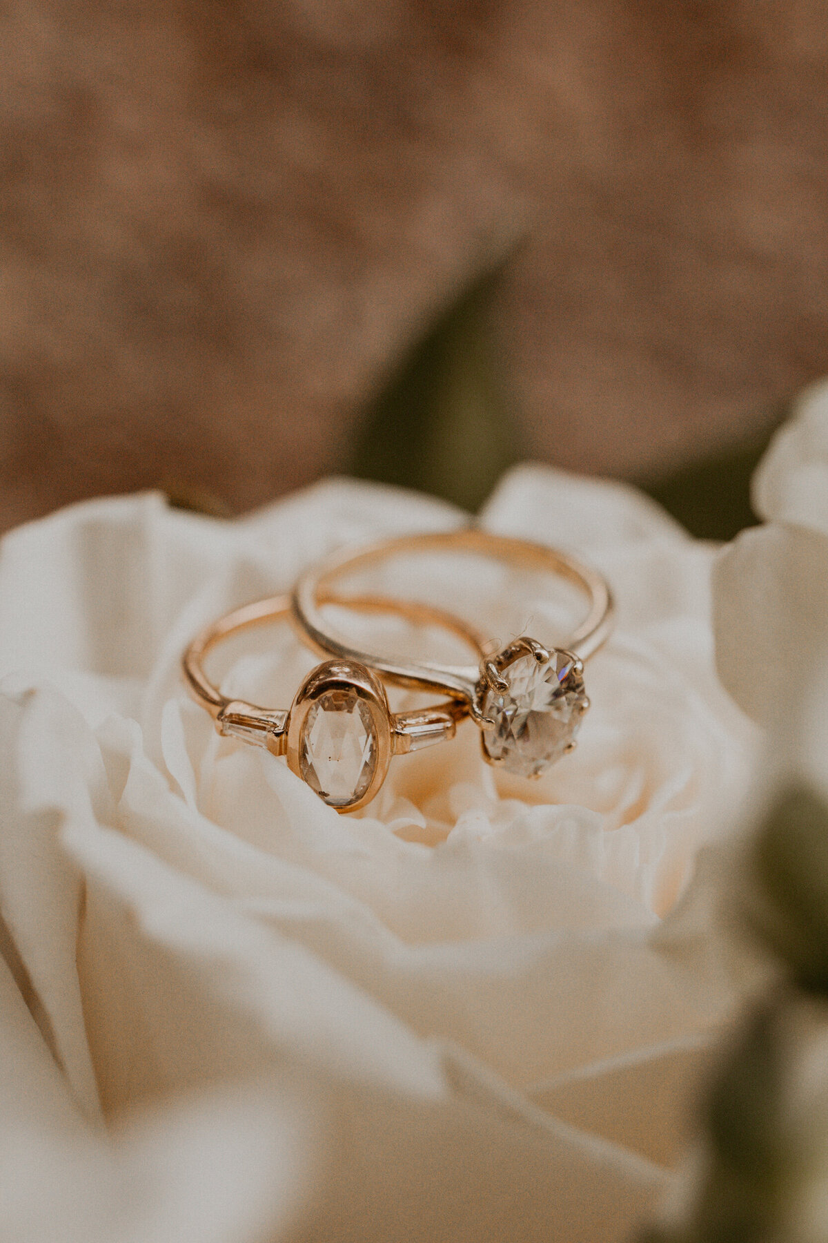 two brides engagement rings sitting on a white rose together