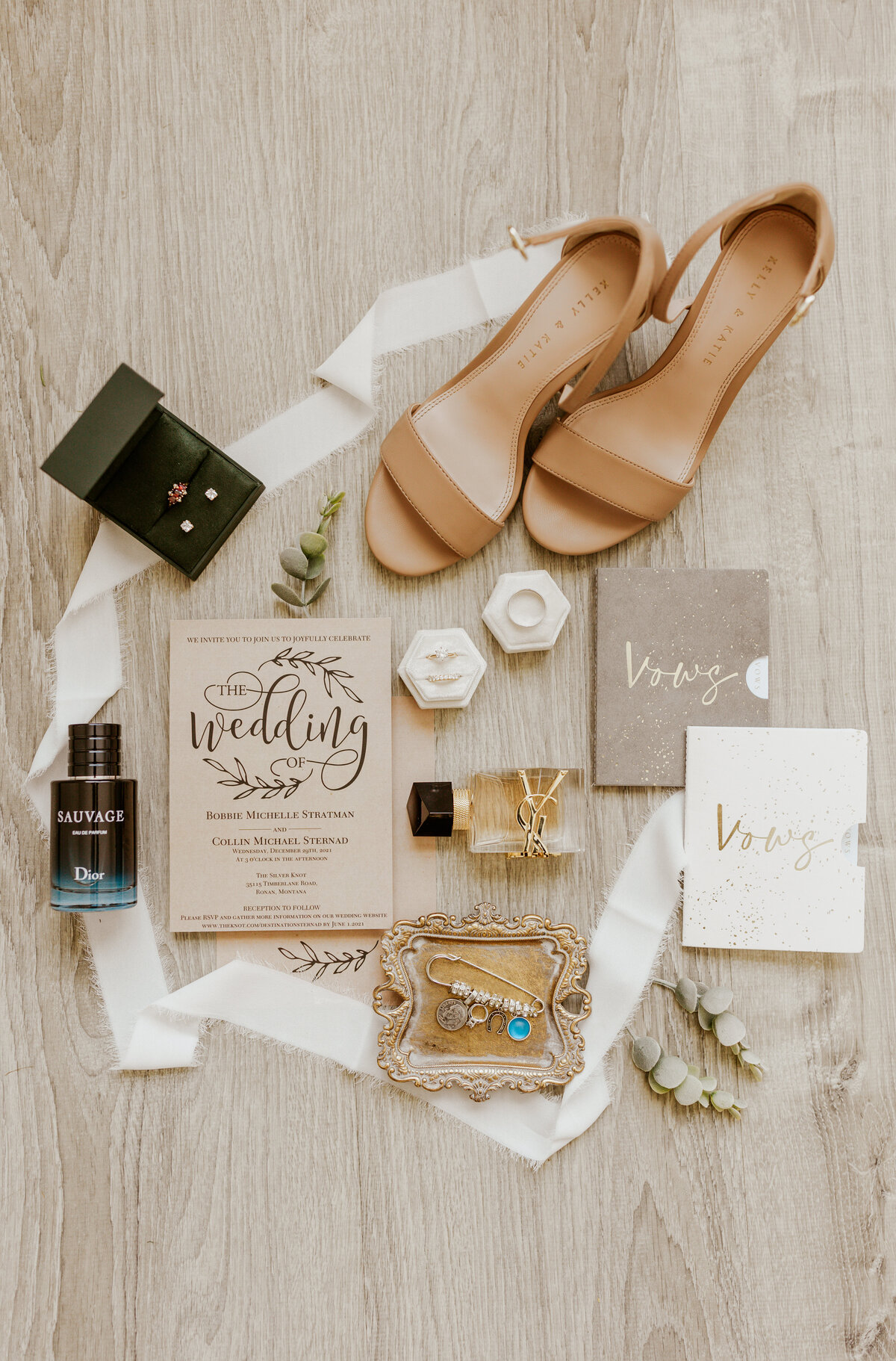 wedding invitation, rings, and shoes