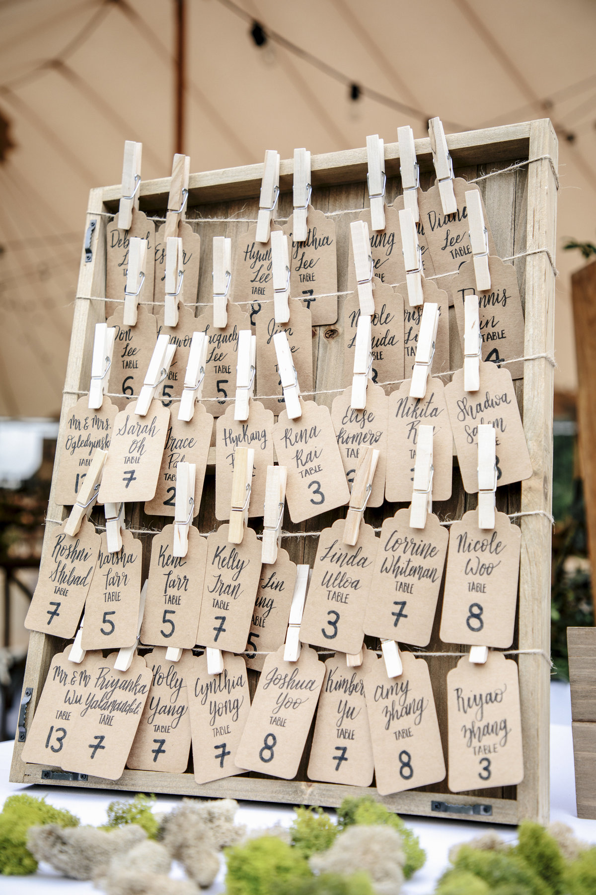 clothespin diy seating chart for backyard wedding