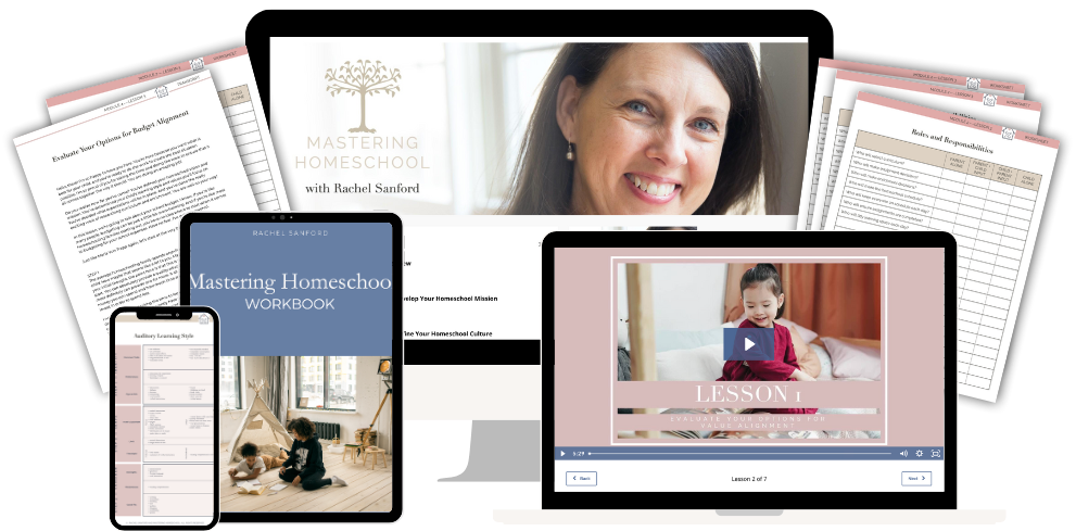 Mockup of Mastering Homeschool on desktop, laptop, tablet and phone. Also, downloadable workbook pages