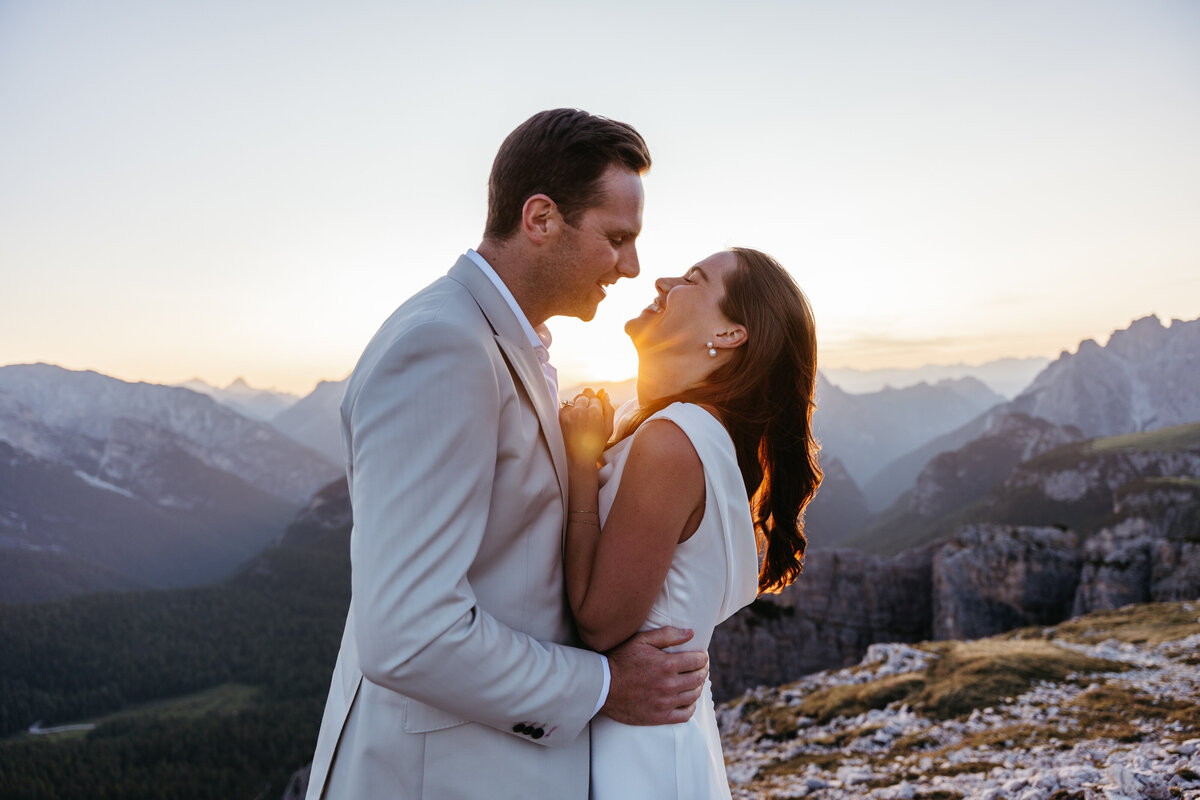 Sweet couple mountain top elopement Tre Cime Dolomites