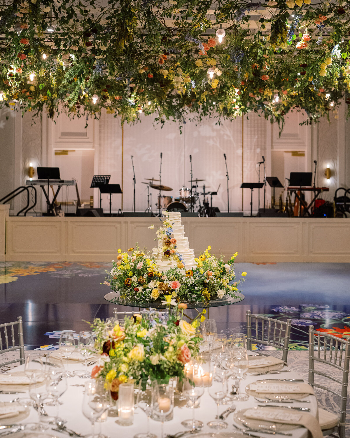 wedding reception with colorful winter flowers
