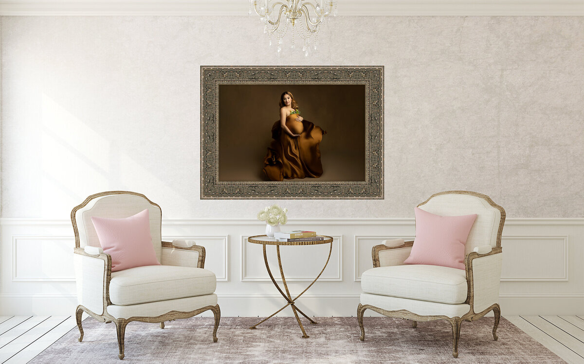 Family Photographer,   a fine art portrait of a pregnant woman in dress is on wall in luxury room