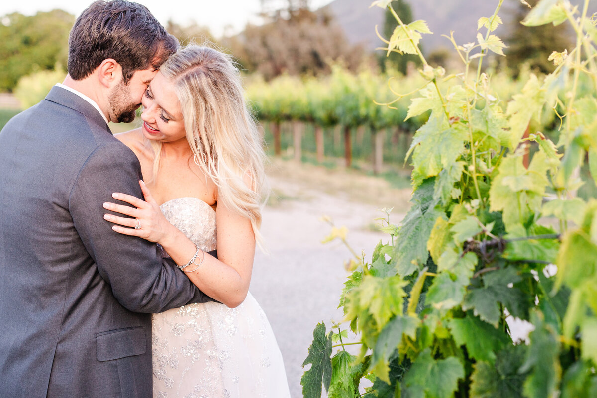 Vineyard wedding with bride and groom being affectionate in vineyards