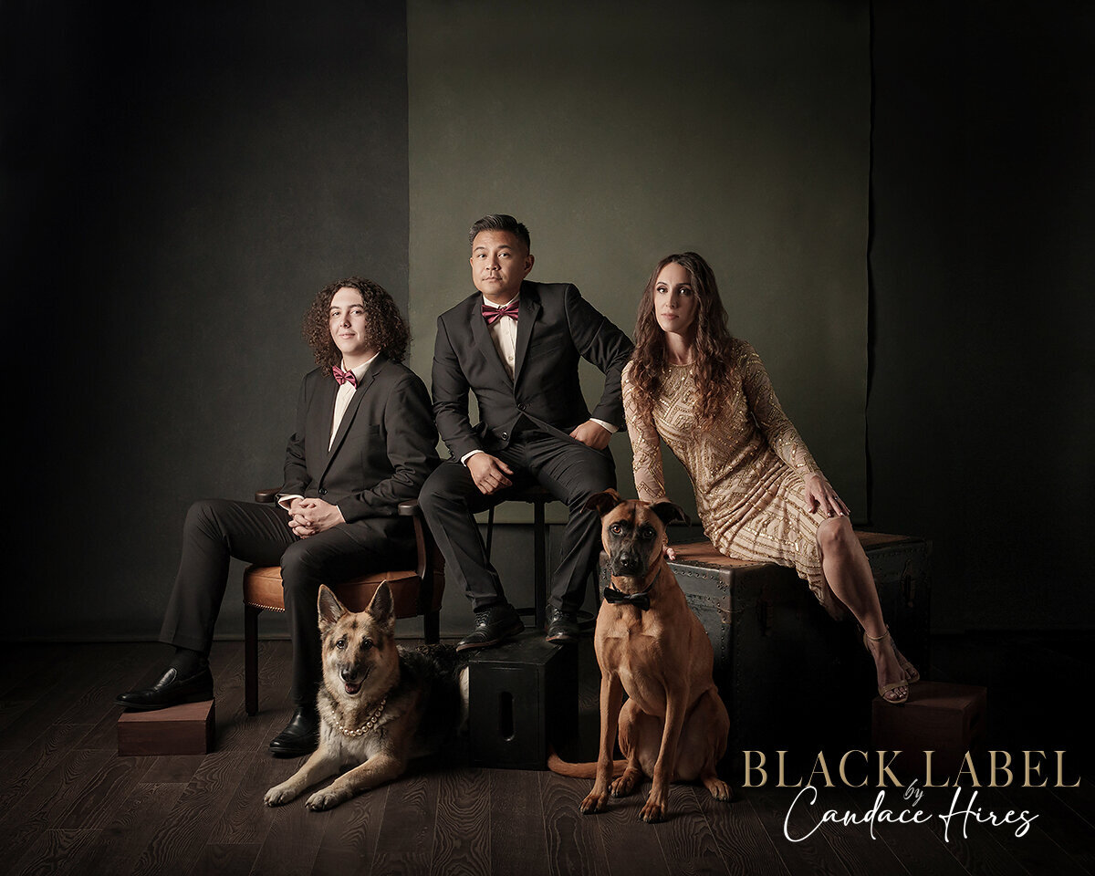 family of three plus 2 dogs photographed in the black label style on sea island ga