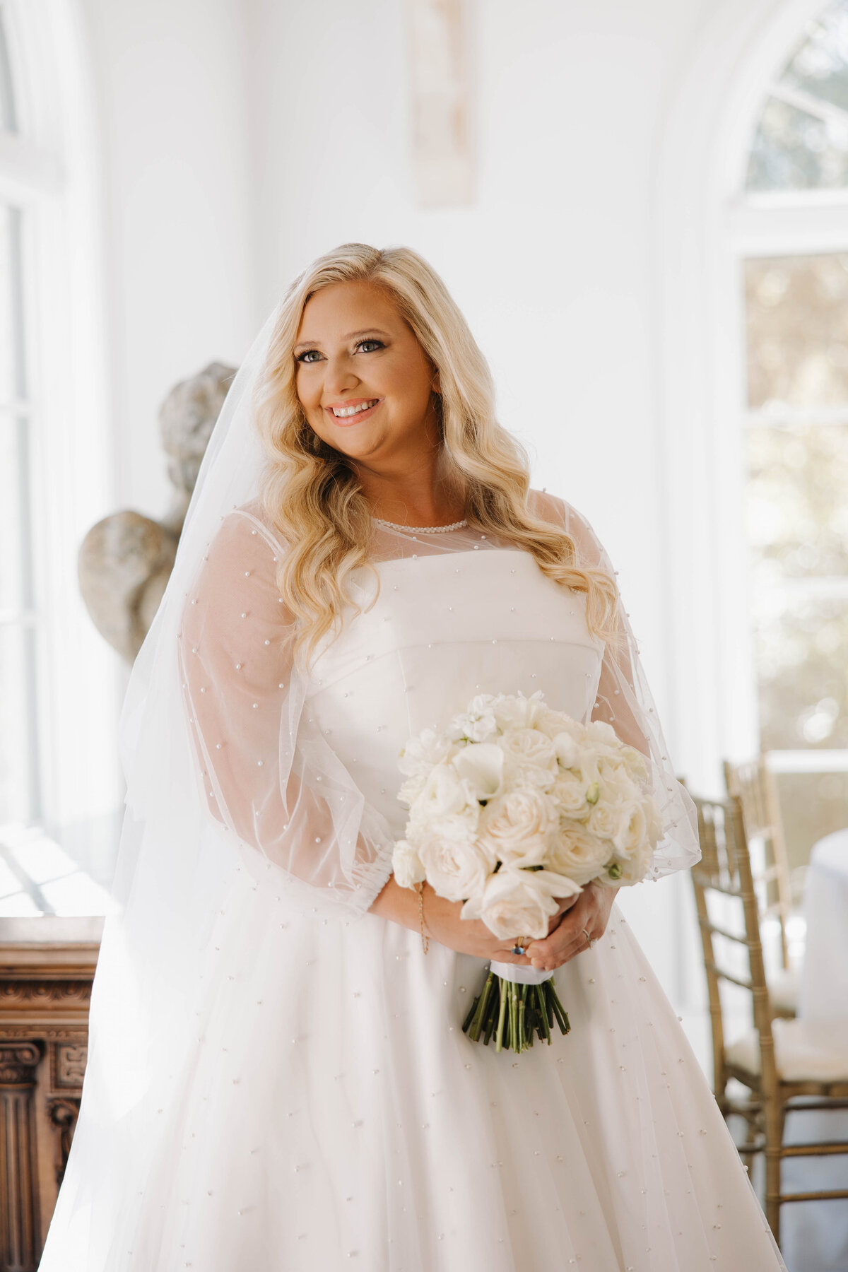 Bridal Portrait with pearl dress and white bouquet
