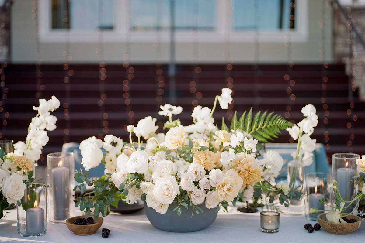 Beautiful blue and white wedding reception table scape