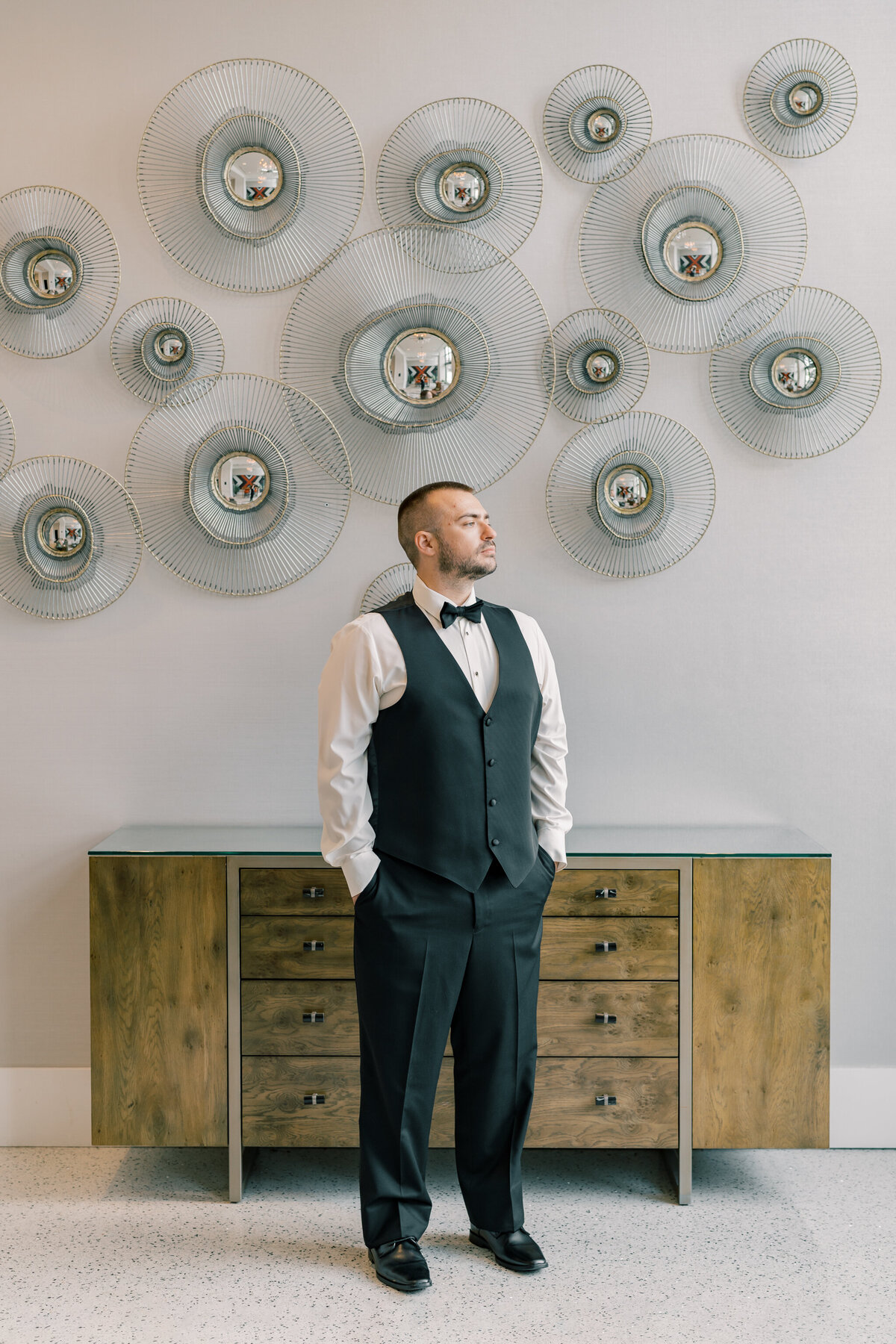 Groom getting ready at the Bristol Hotel before his Bristol Train Station wedding ceremony