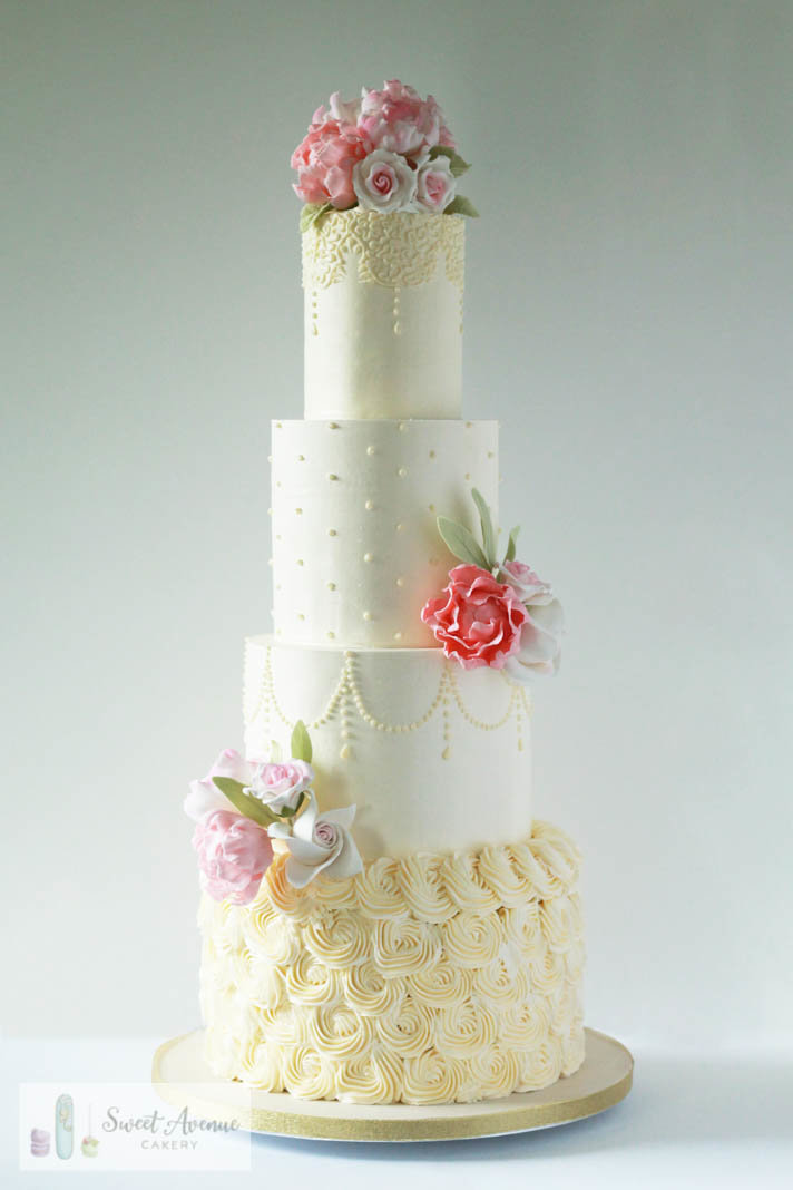 vintage wedding cake with buttercream rosettes, lace and blush sugar roses, Hamilton ON wedding cakes