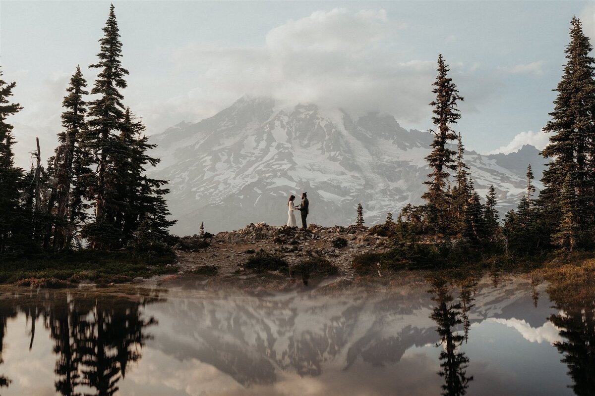 Bride & groom holding hands in the distance in front of Mount Rainier after their elopement ceremony on Pinnacle Peak!