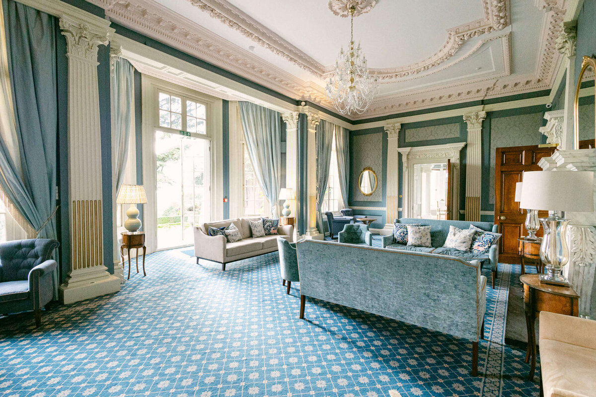 A wedding day photo of the drawing room in Hedsor House in the UK