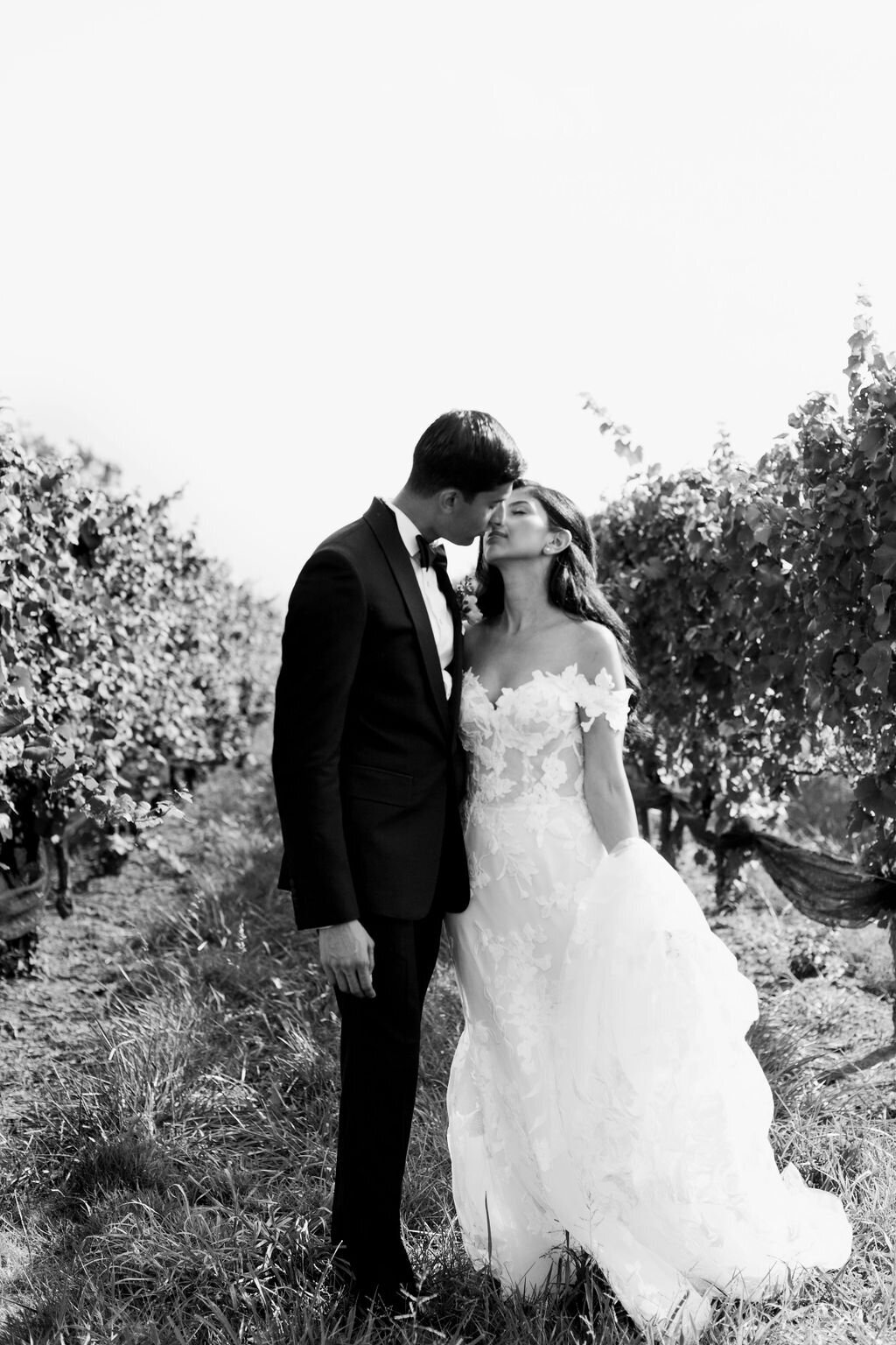 bride and groom kiss in vineyard
