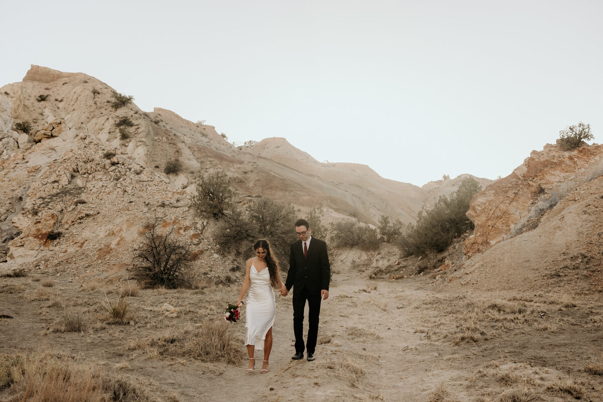 bride and groom walking through a colorful canyon in Rio Rancho, NM
