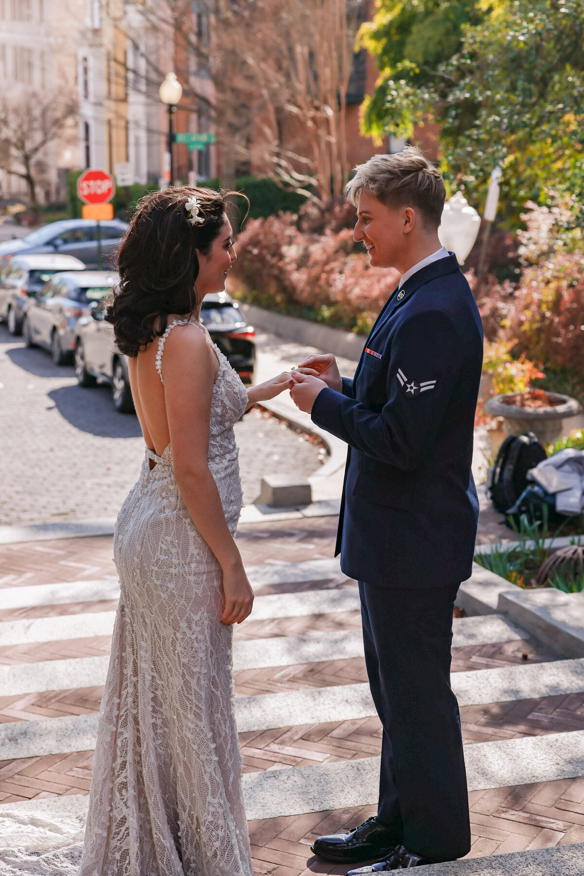brides exchanging rings during elopement at Piedmont Park by Atlanta elopement photographer Amanda Richardson Photography