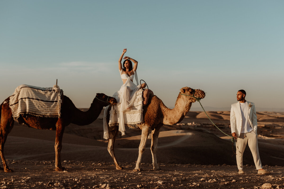 bride and groom in Morocco with camels