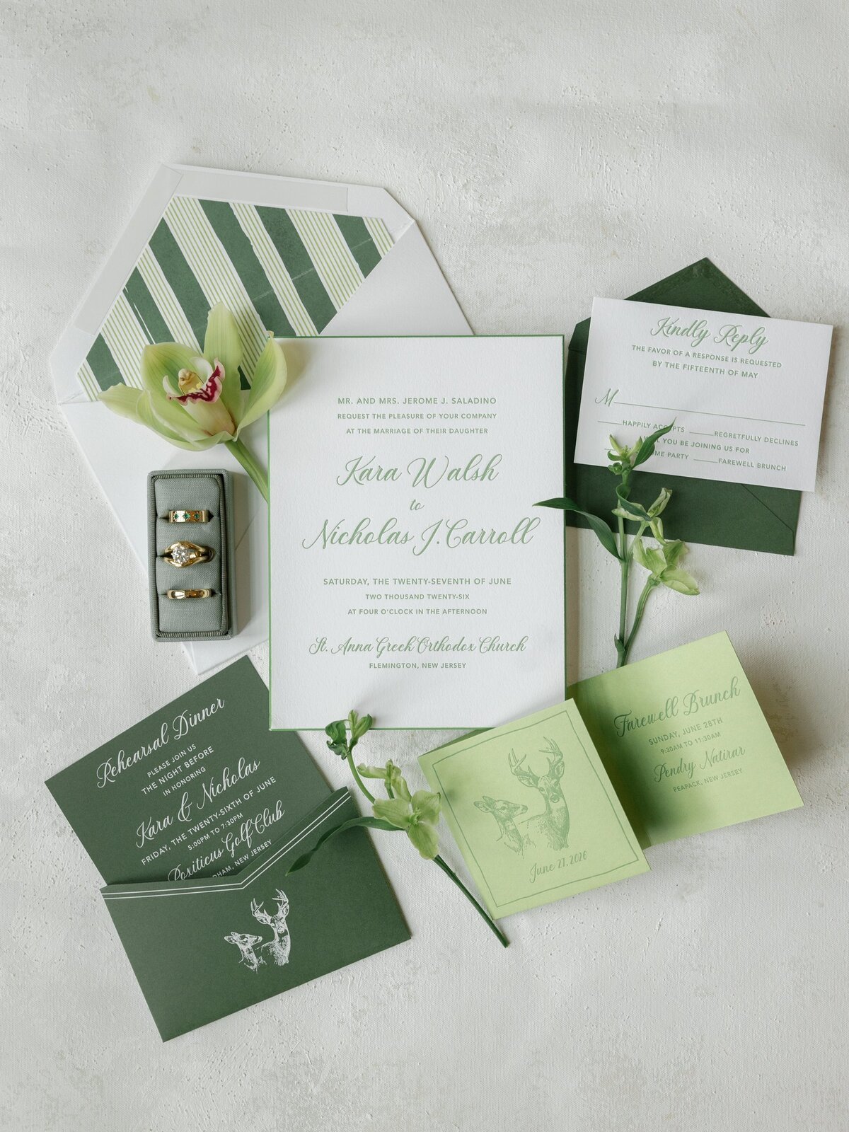 Kara and Nick’s green and white invitation suite with their wedding rings and fresh orchids