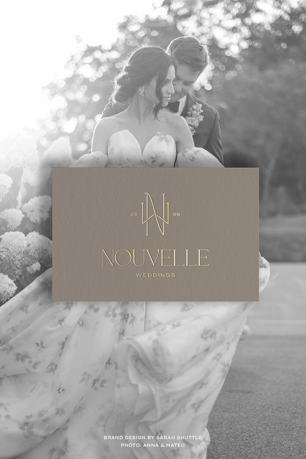 Luxury business card design for Nouvelle Weddings placed on black and white wedding photo