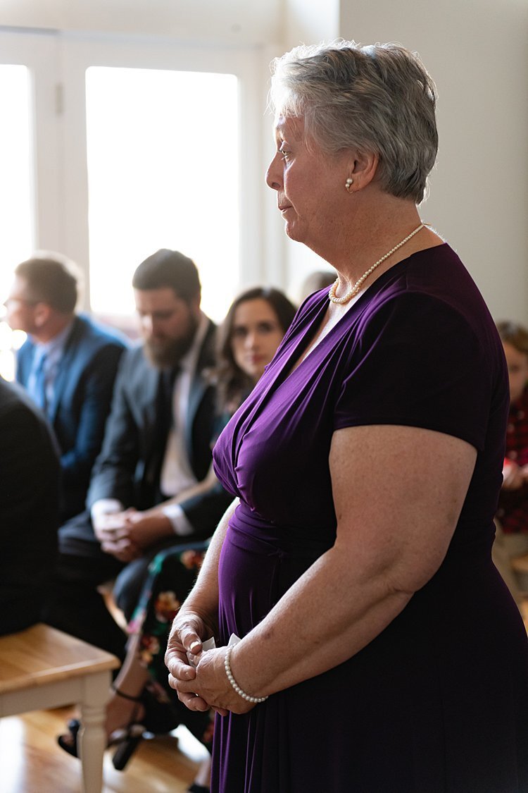 Mother of the Groom speaking during a self-uniting Quaker wedding ceremony at a private residence in Pittsburgh, PA