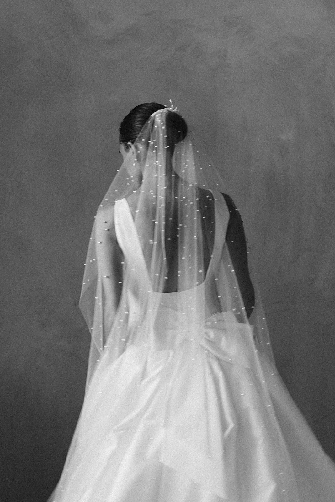 The bride posing with her amazing veil