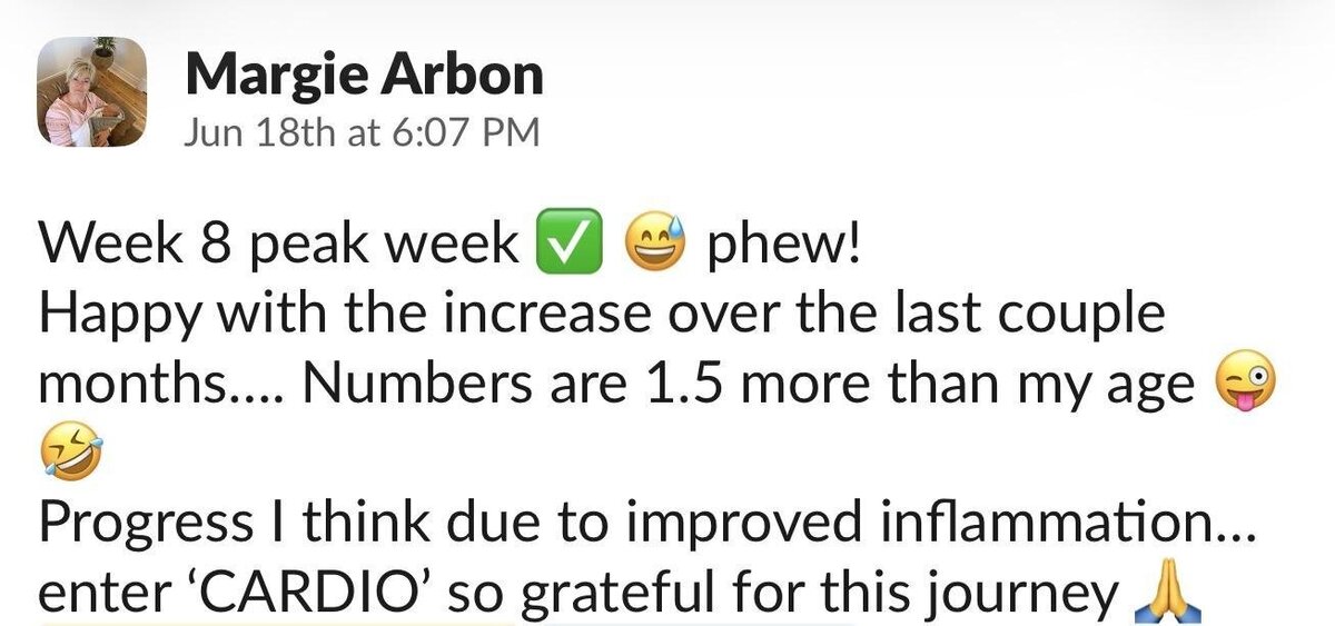 Margie's message crediting cardio for her progress