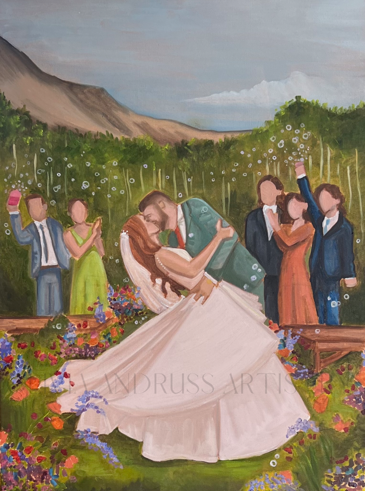 A husband and wife share a dipping kiss and the end of the aisle in this oil painting by Olivia Andruss in Rocky Mountain National Park Colorado
