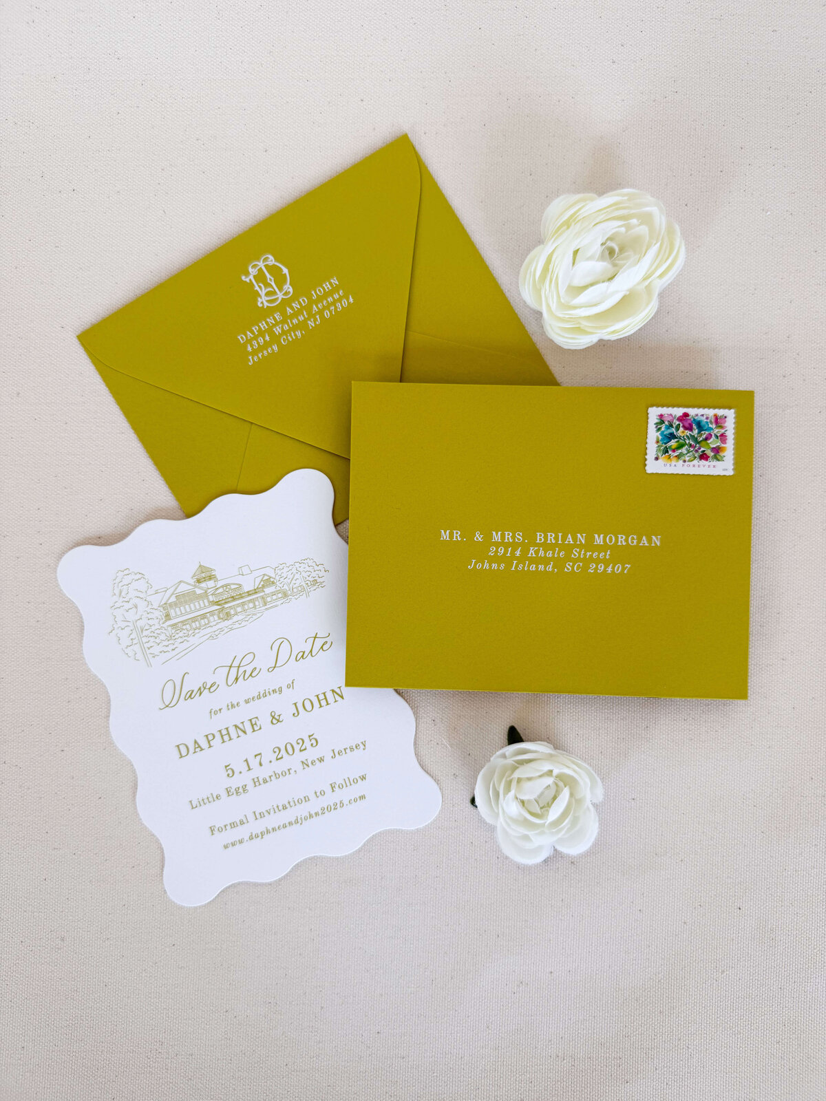 Custom wavy save the date card with Lace and Belle calligraphy, venue illustration and chartreuse envelopes
