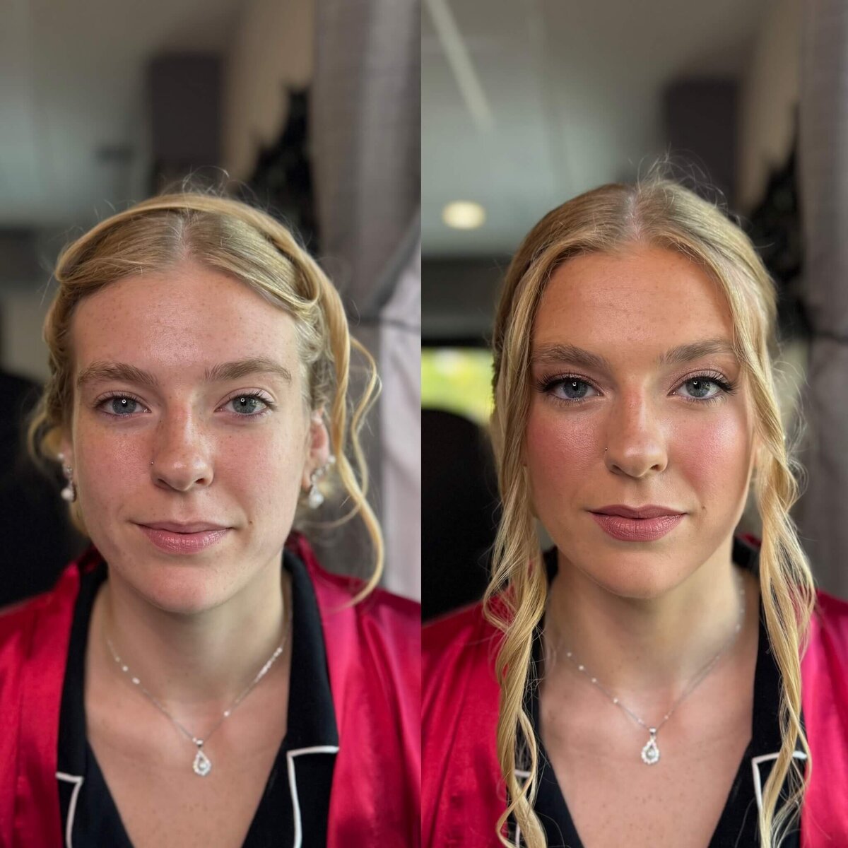 Image showing the difference between this bridesmaids look before and after her professional makeup application with Stephanie Schuh