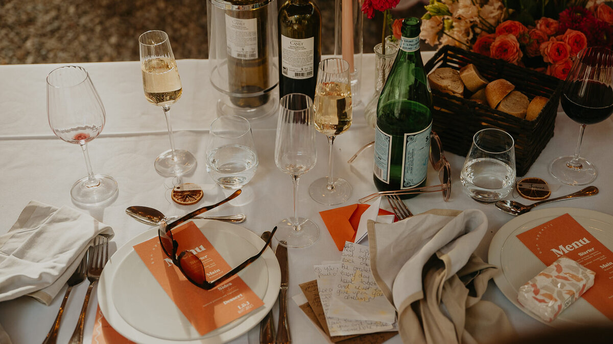 Messy tables during wedding speeches at Chateau Canet in Carcassonne. 