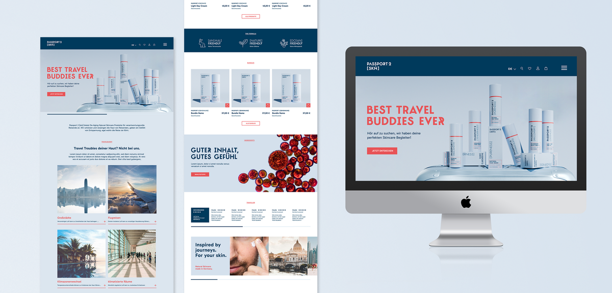 Website-Mockup für Passport 2 Skin – digitale Markenpräsentation im Travel-Skincare-Design von studio bretz.