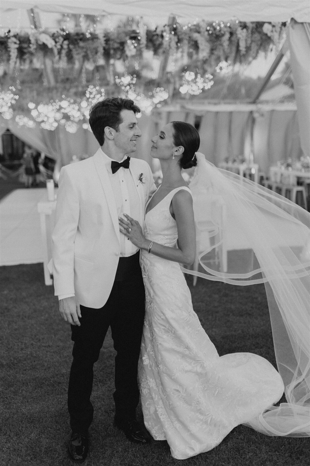 black and white photo of bride and groom at Sea Island wedding