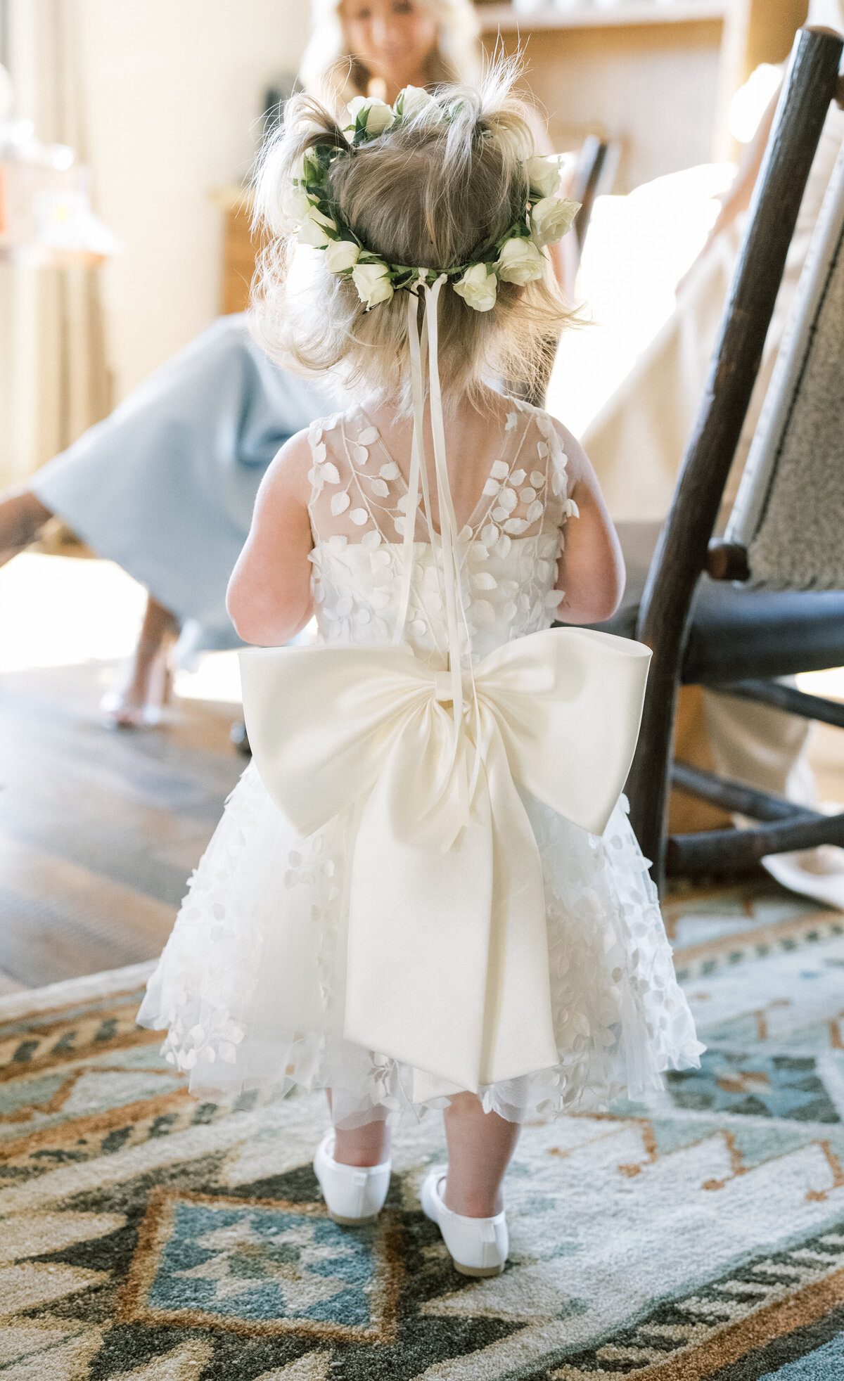 Floral embroidered flower girl dresses with a large bow