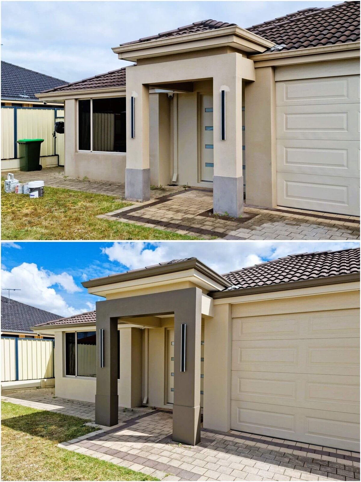 Full exterior repaint of a rendered home, showcasing smooth, updated surfaces by New-Style Painting Service.