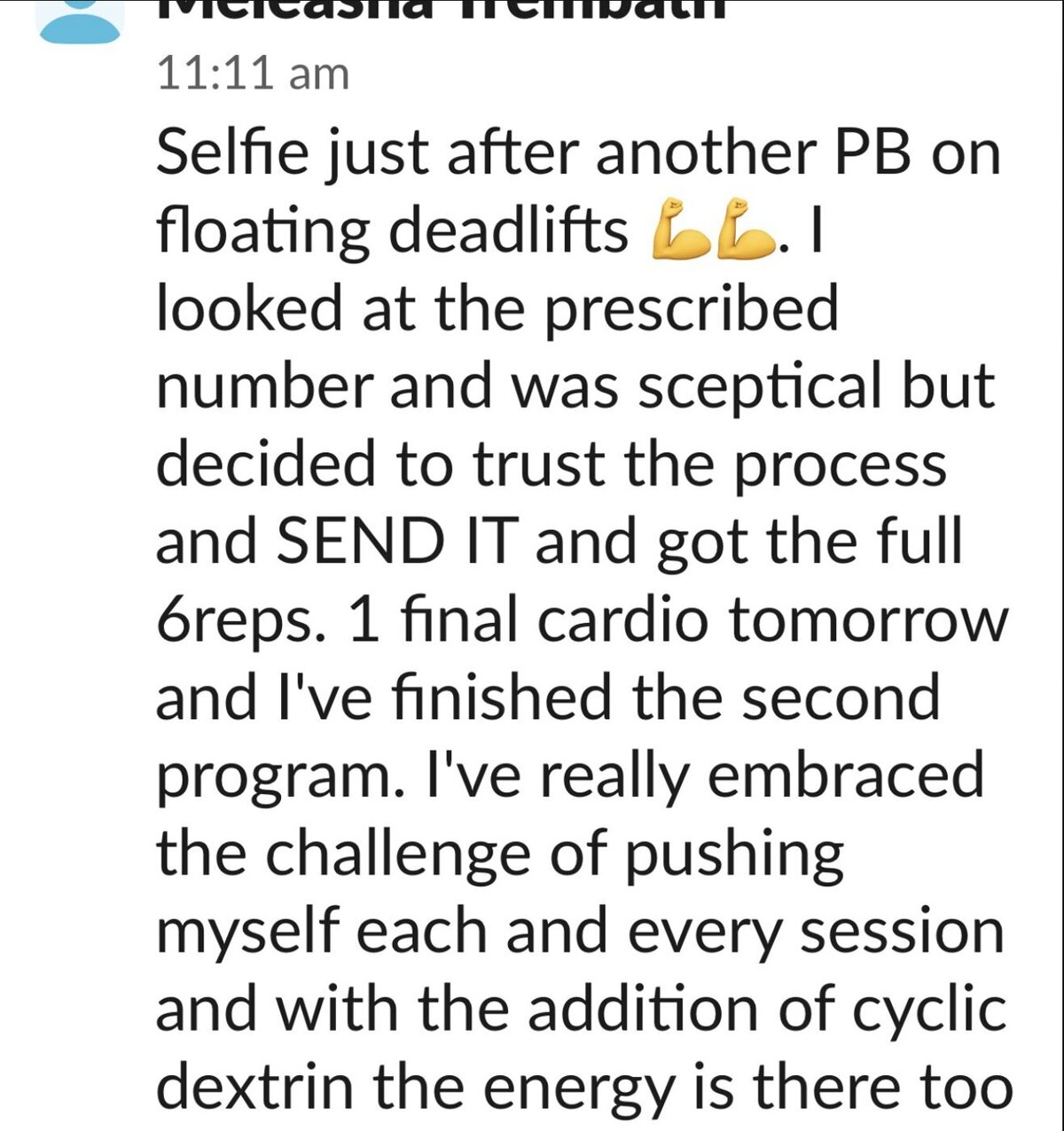 Meleasha's message about trusting her prescribed deadlift number and getting all six reps