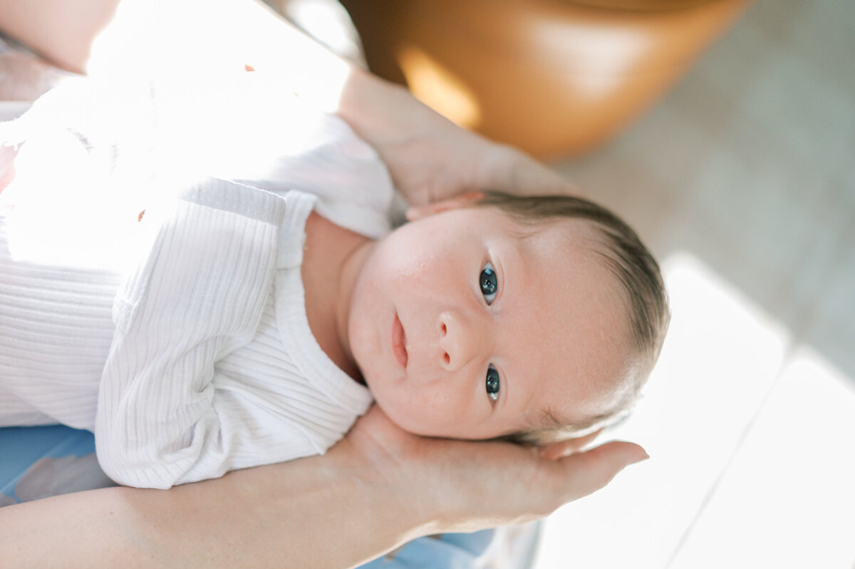 newborn baby looks at camera while mom holds him in her hands