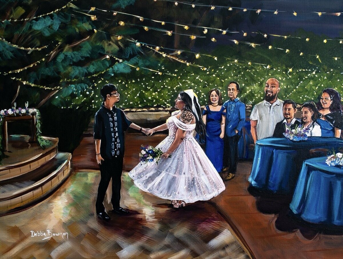 Couples first dance at Eden Gardens in SC, painted by Debbie Bowman Art
