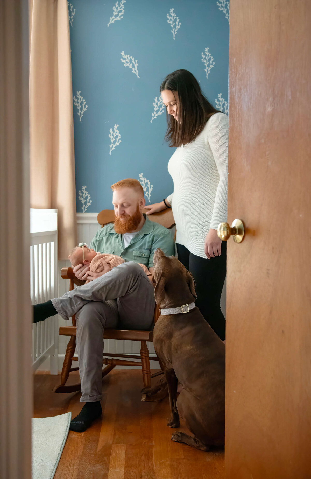 A new dad and mom looking at their newborn along with their brown lab during a photo session in Salem.