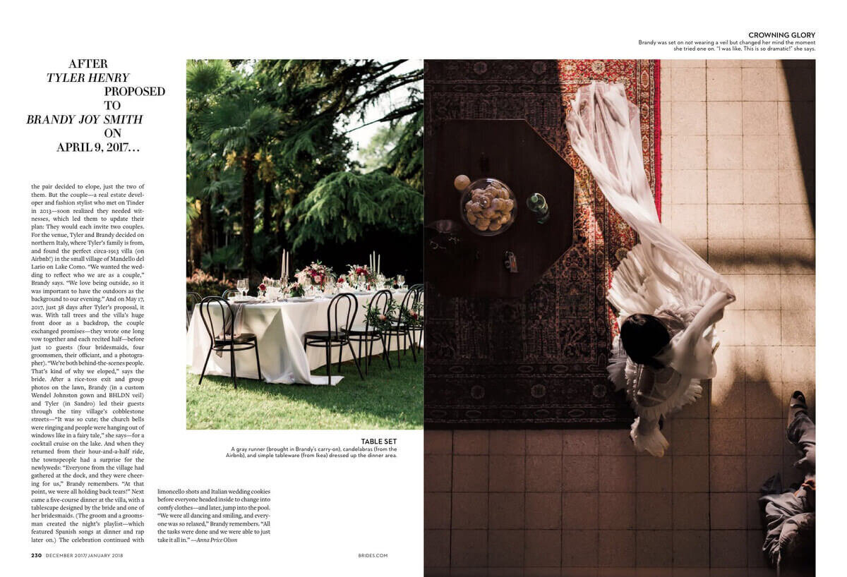 Photos of the dining table outdoors and top view of the bride in a Lake Como wedding. Brides Magazine image by Jenny Fu Studio
