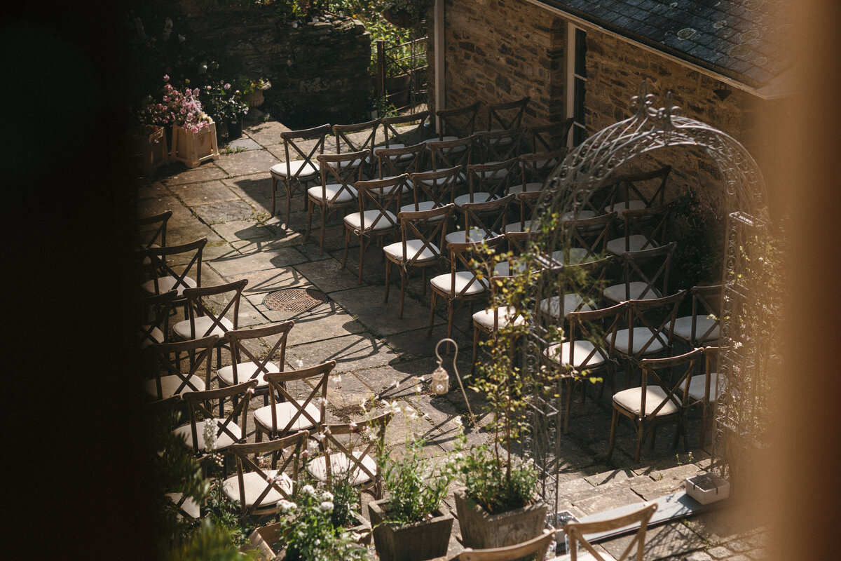 ceremony set up in courtyard at family home in Devon