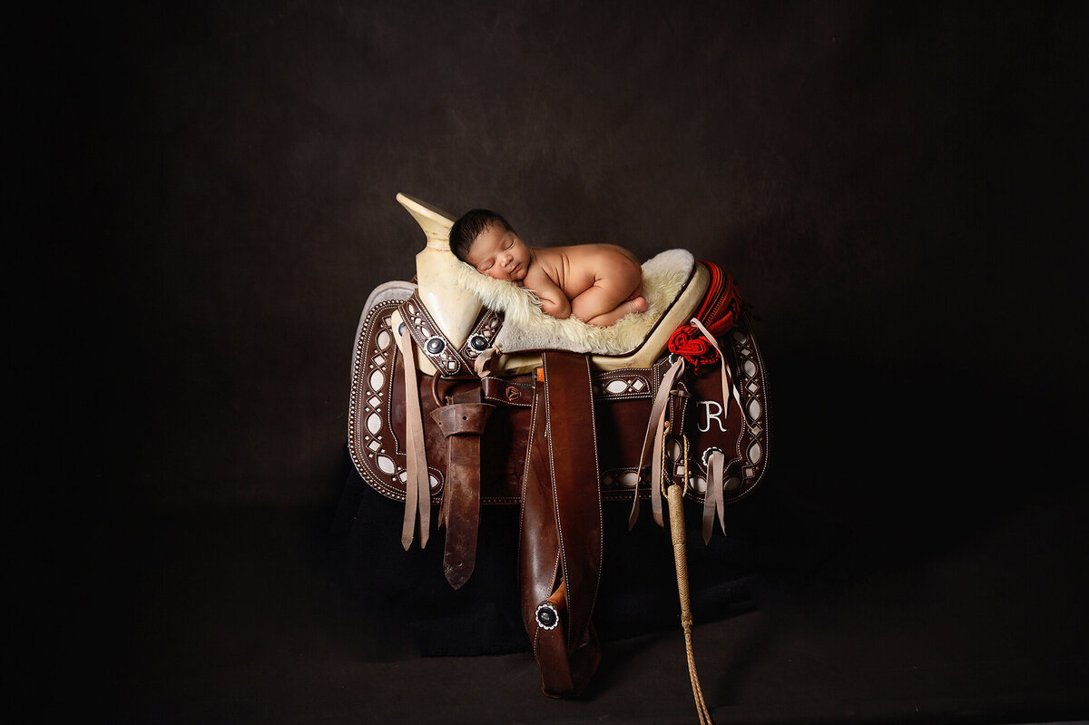 sweet little boy laying on a family horse  saddle  on a brown textured background