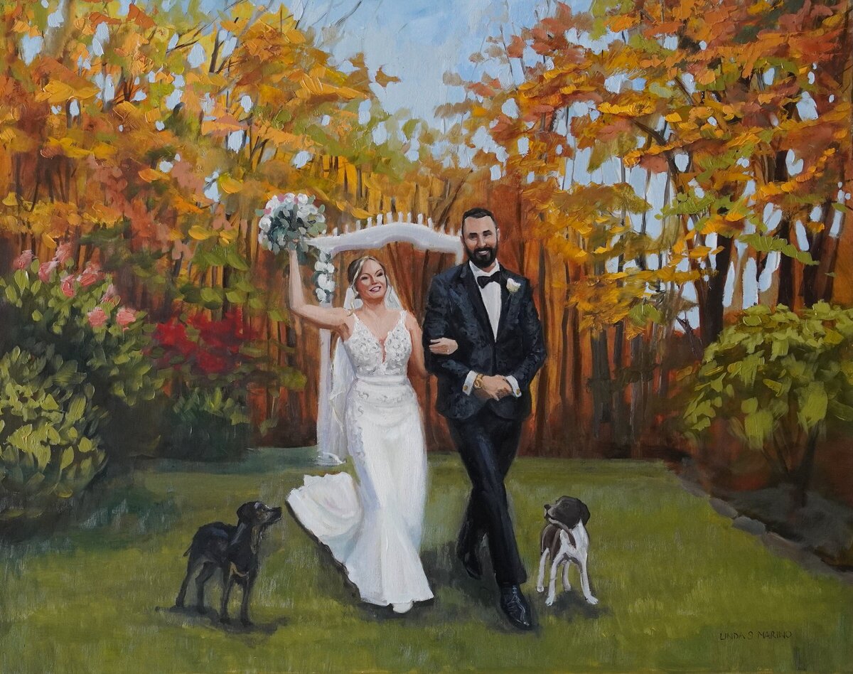 live wedding painting of bride and groom exiting ceremony at Crystal Peak in Windsted CT with their two dogs on an autumn day
