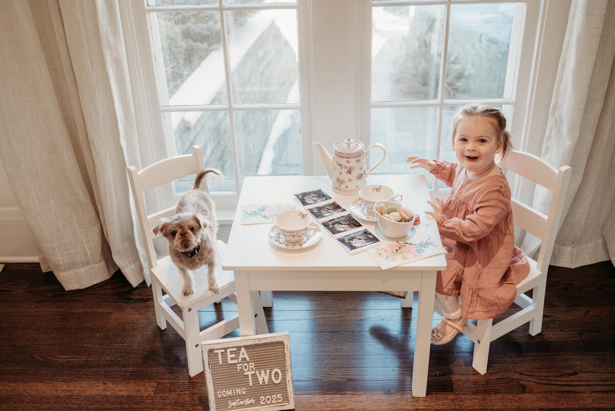 Tea for two preagnancy announcement photoshoot of a sweet toddler girl and her dog in Glen Ellyn, IL