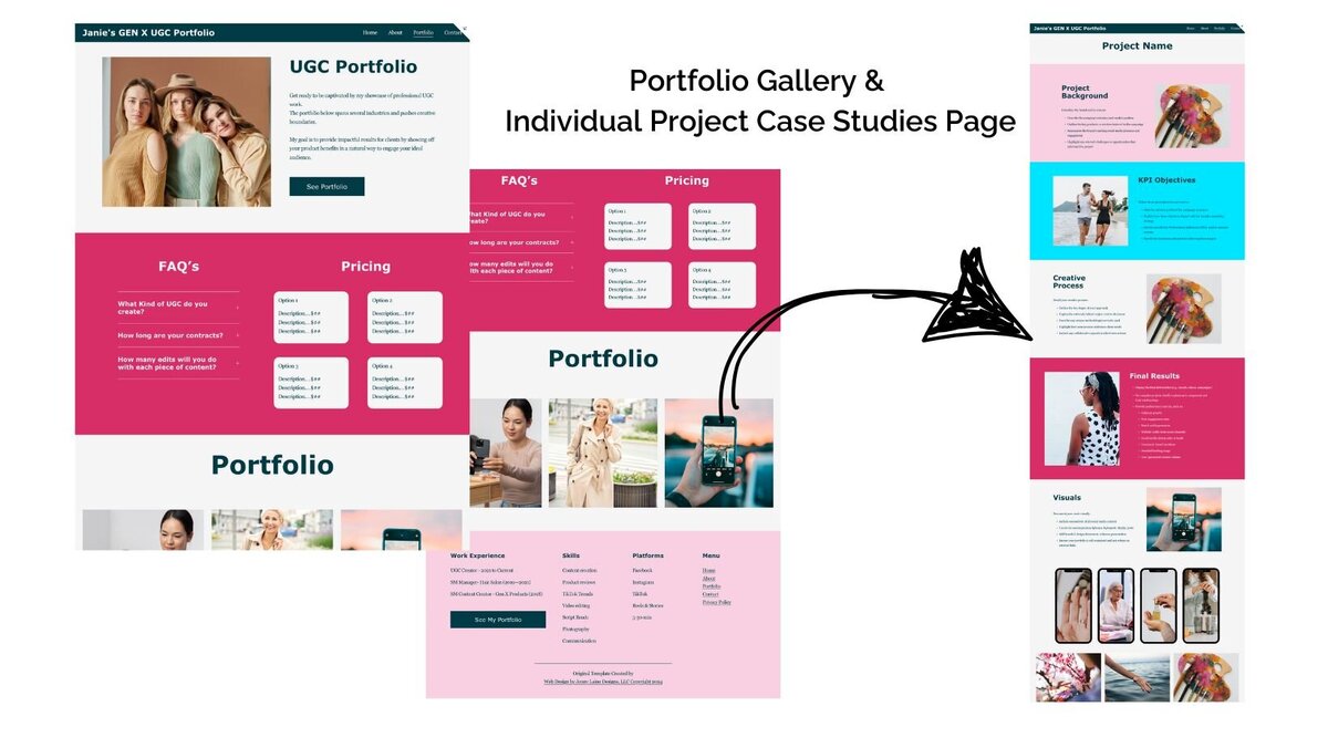 Screen shots of website template - Portfolio Gallery and Individual Project Case Studies Page
