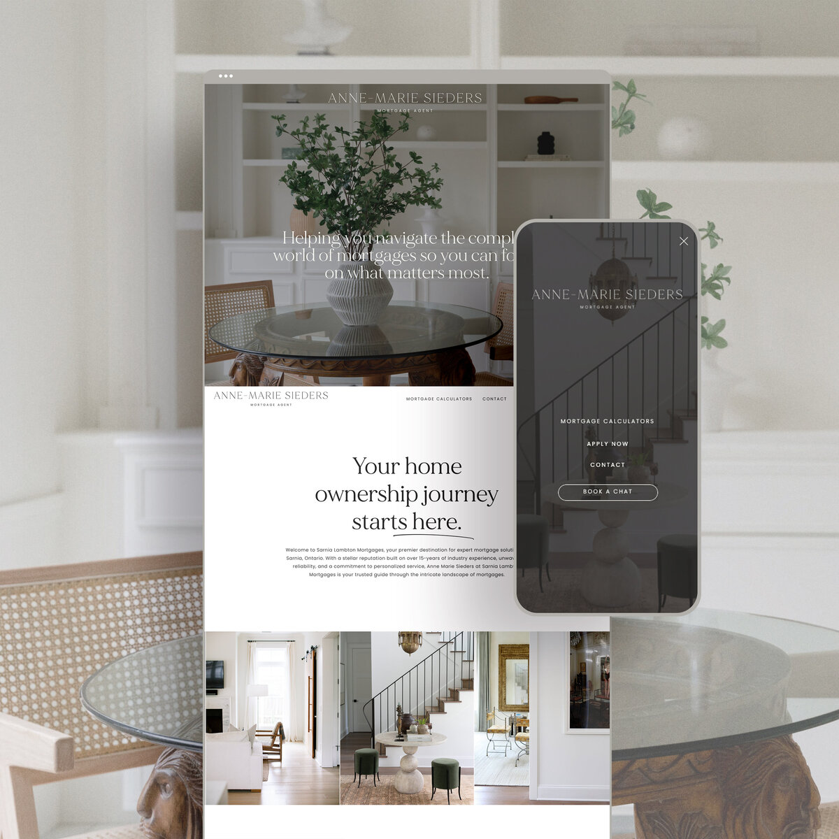 Mockup of a homepage and mobile navigation of a premium mortgage broker website. Website designed by Marque Creative Studio, Showit website designer.