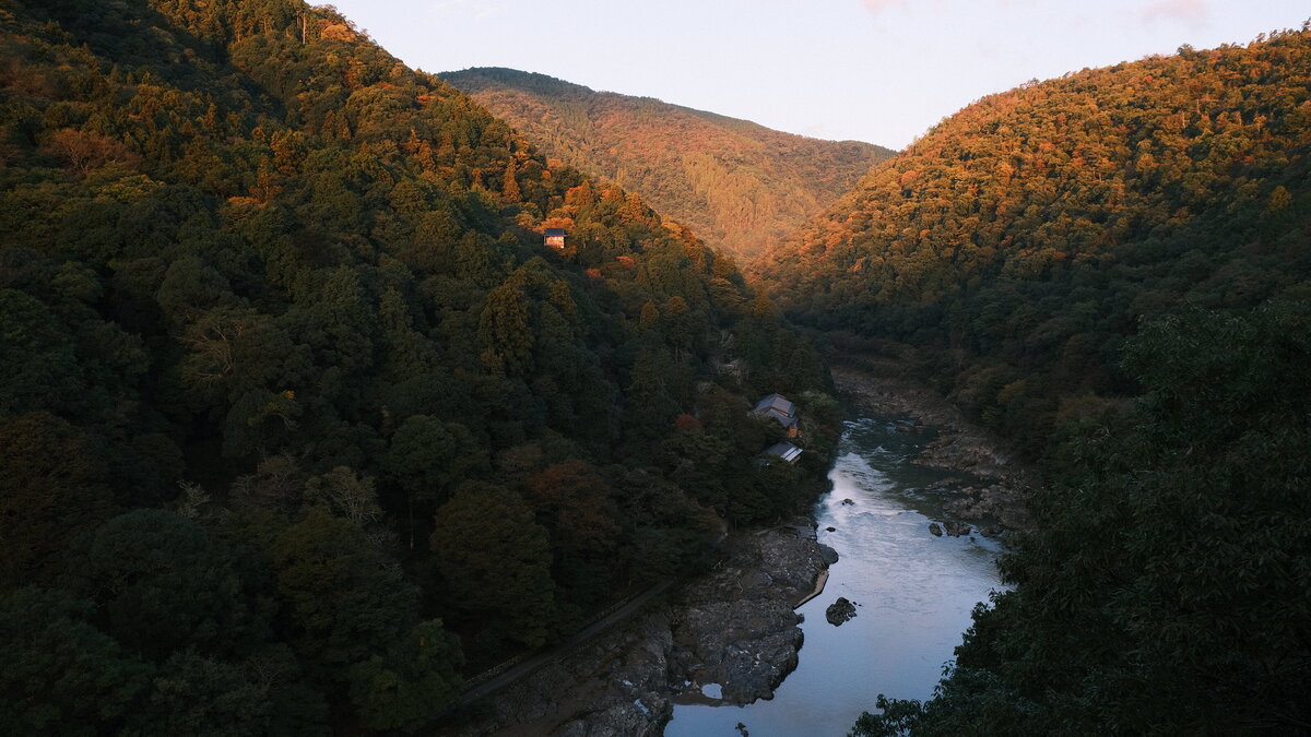 An overlook from Arashiyama Bamboo Forest in Kyoto, Japan at sunset.