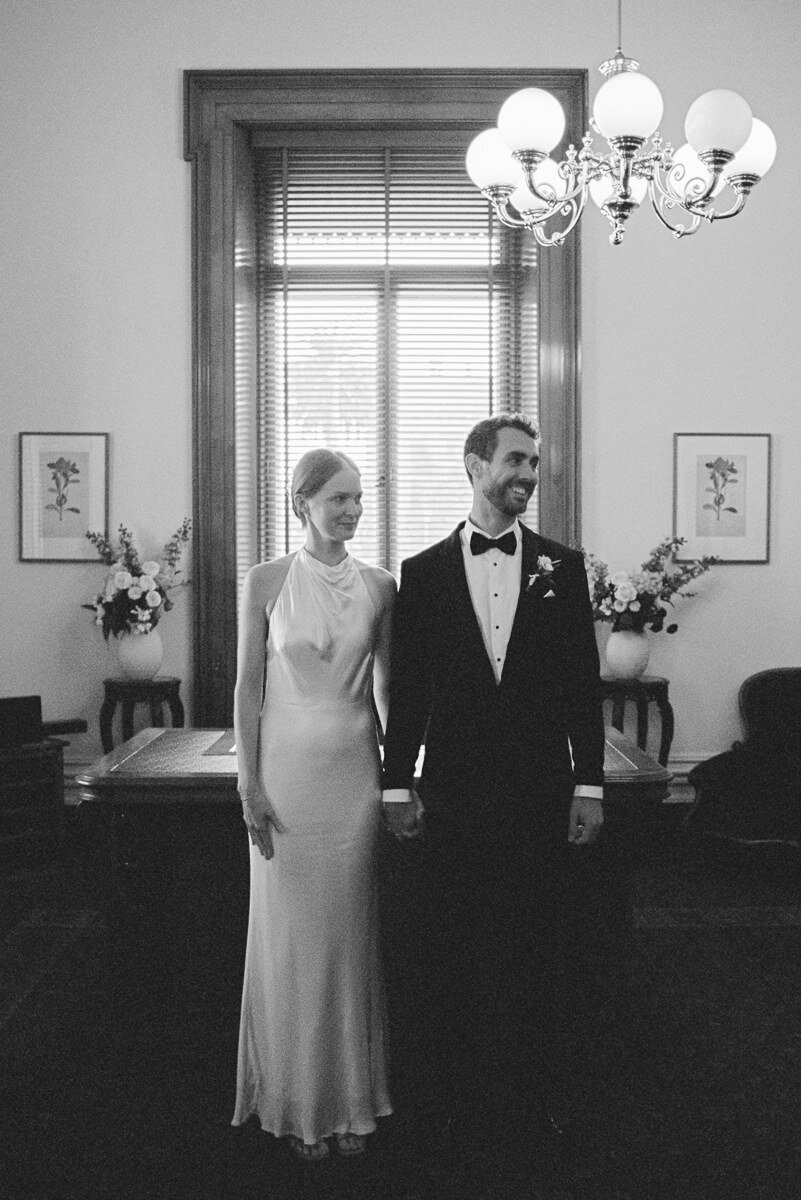 Couple at a Melbourne registry office elopement, captured on 35mm film with a relaxed, natural, journalistic style