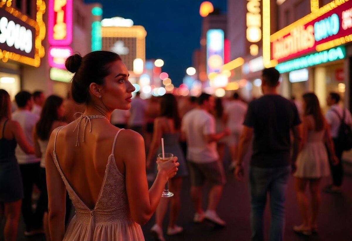 A stylish woman holding a drink and enjoying the vibrant city nightlife, part of a luxury adventure blending urban and Las Vegas Southwest wilderness experiences